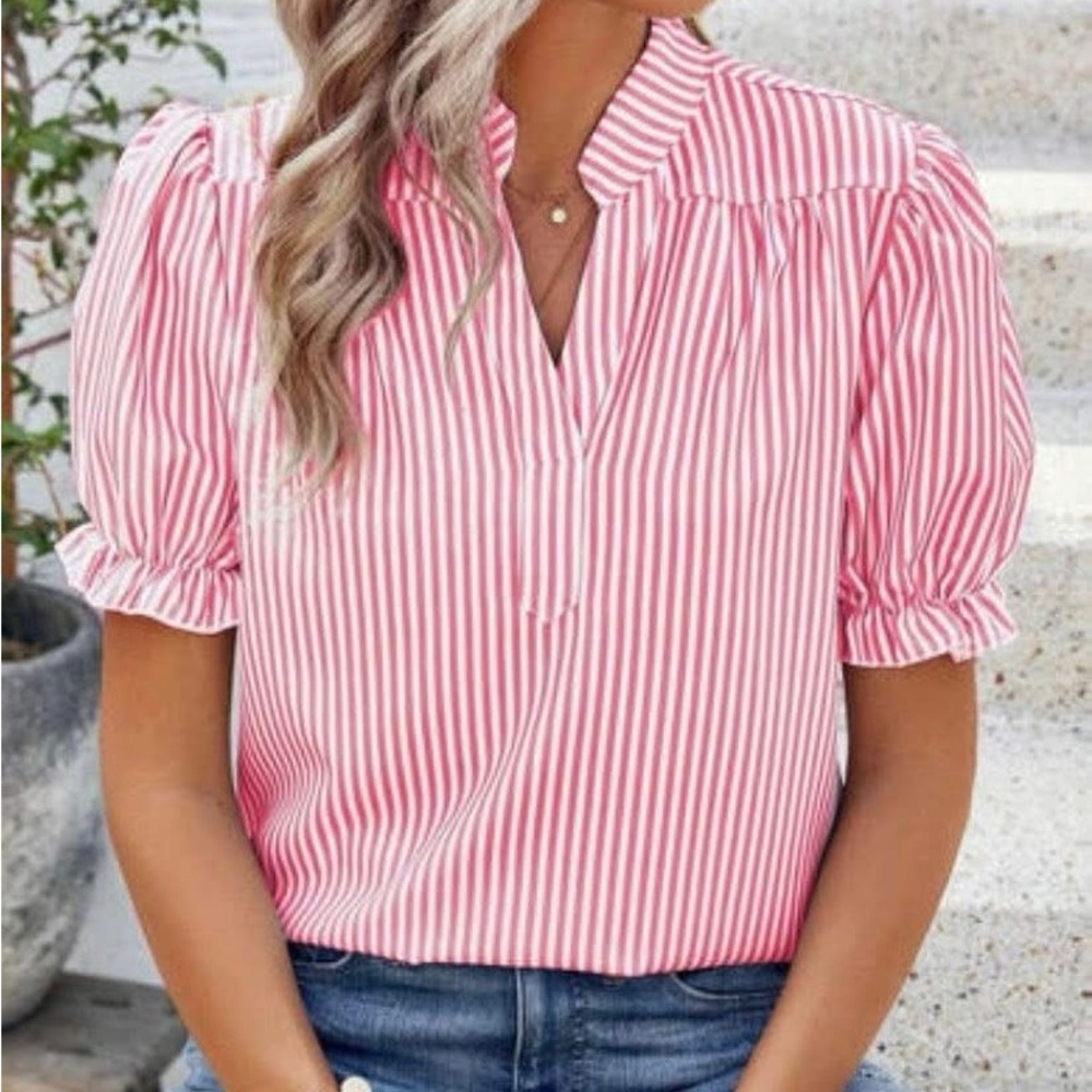 NEW Pink Striped V Neck Puff Sleeve Blouse